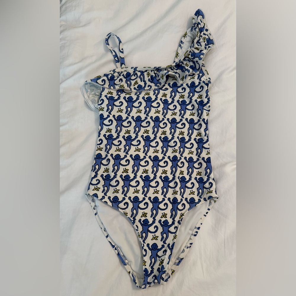Roller Rabbit One Piece Ruffle Blue Monkey Print Swim Bathing Suit 10/12 girls